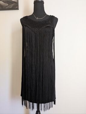 Saylor Black Fringe Crochet Mini Dress Flapper Boho Style NWT Size S